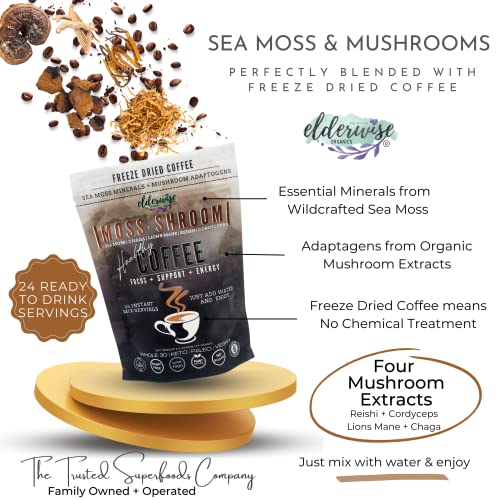 Elderwise Organics Coffee with Mushrooms & Sea Moss - Lion's Mane, Chaga, Reishi & Cordyceps - 24 Servings - Healthy Coffee - Freeze Dried Instant - Chemical free - Fair Trade