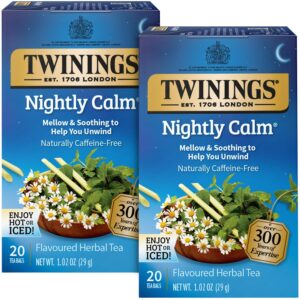 twinings nightly calm tea - individually wrapped caffeine free and herbal tea bags, sleep tea with calming camomile, spearmint and lemongrass, bedtime tea, 20 count (pack of 2)