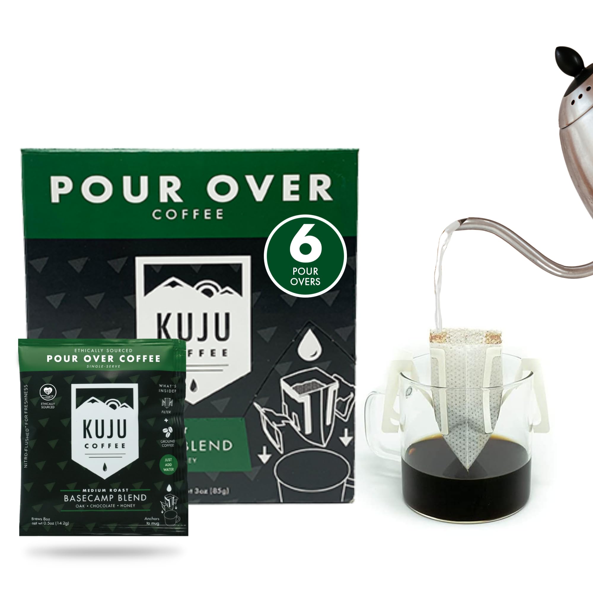 Kuju Coffee Premium Pour Over Camping Coffee Singles - 6 Pack Basecamp Blend, Medium Roast - Superior Instant Pocket Coffee for Backpacking, Travel, and Camp