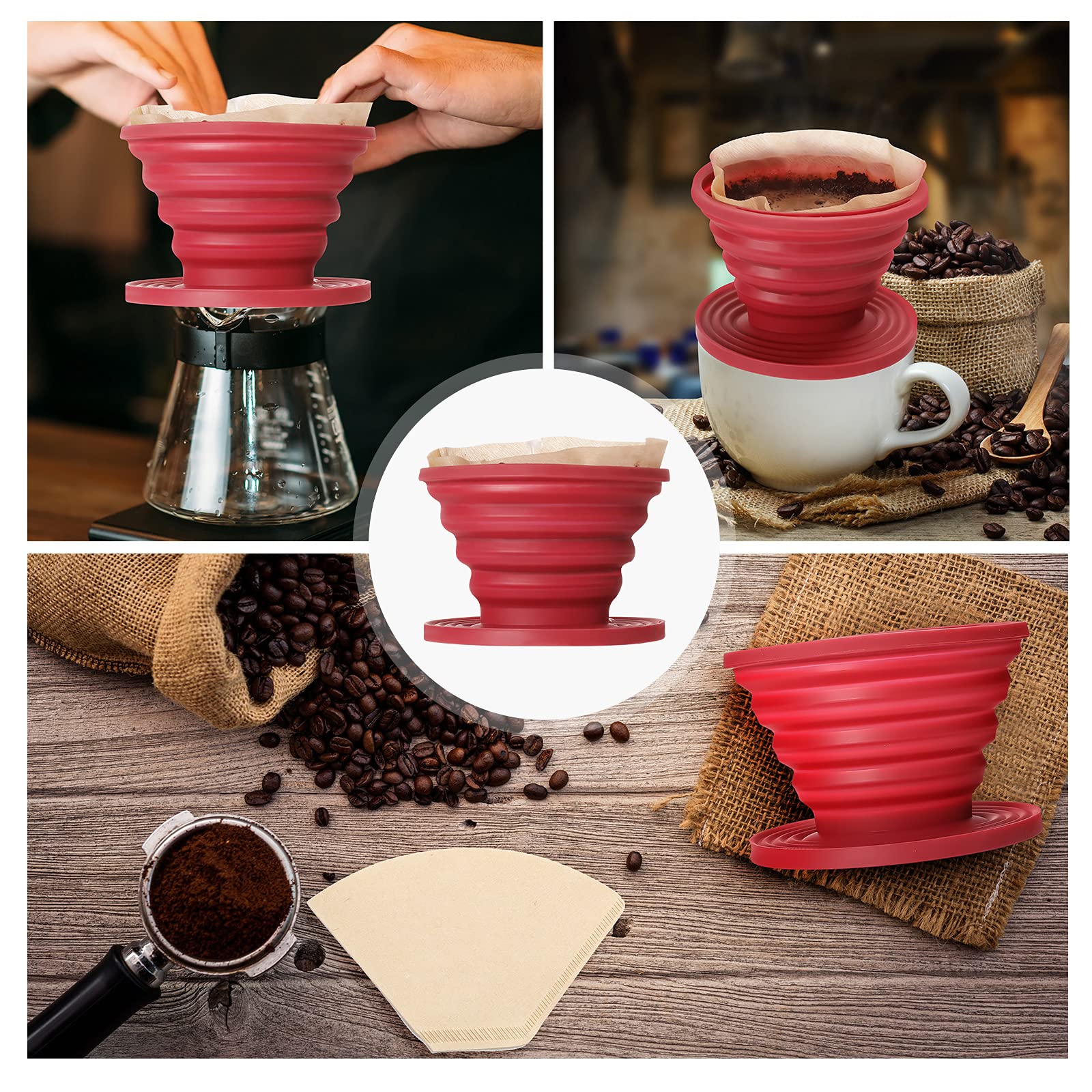 2 Pieces Collapsible Coffee Dripper Easy Red Manual Coffee Brew Maker with 80 Pieces Unbleached Paper Filters Paper Coffee Filter Reusable Silicone Coffee Dripper for Hiking, Camping, Home, Office