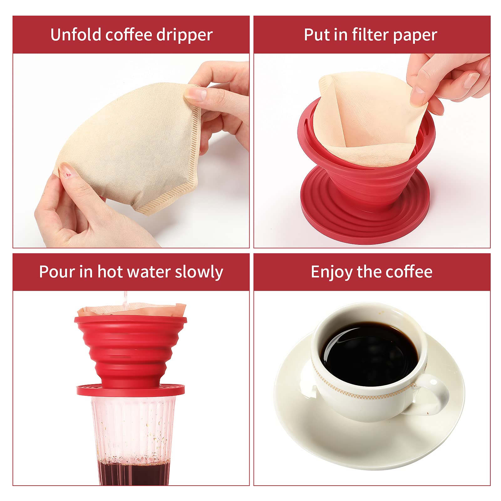 2 Pieces Collapsible Coffee Dripper Easy Red Manual Coffee Brew Maker with 80 Pieces Unbleached Paper Filters Paper Coffee Filter Reusable Silicone Coffee Dripper for Hiking, Camping, Home, Office