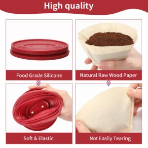 2 Pieces Collapsible Coffee Dripper Easy Red Manual Coffee Brew Maker with 80 Pieces Unbleached Paper Filters Paper Coffee Filter Reusable Silicone Coffee Dripper for Hiking, Camping, Home, Office