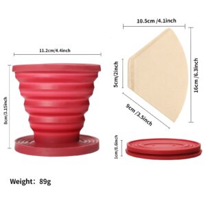 2 Pieces Collapsible Coffee Dripper Easy Red Manual Coffee Brew Maker with 80 Pieces Unbleached Paper Filters Paper Coffee Filter Reusable Silicone Coffee Dripper for Hiking, Camping, Home, Office