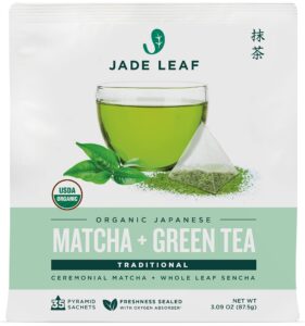 jade leaf matcha organic matcha + green tea bags - traditional - ceremonial matcha + whole leaf sencha - authentically japanese (35 pyramid sachets)