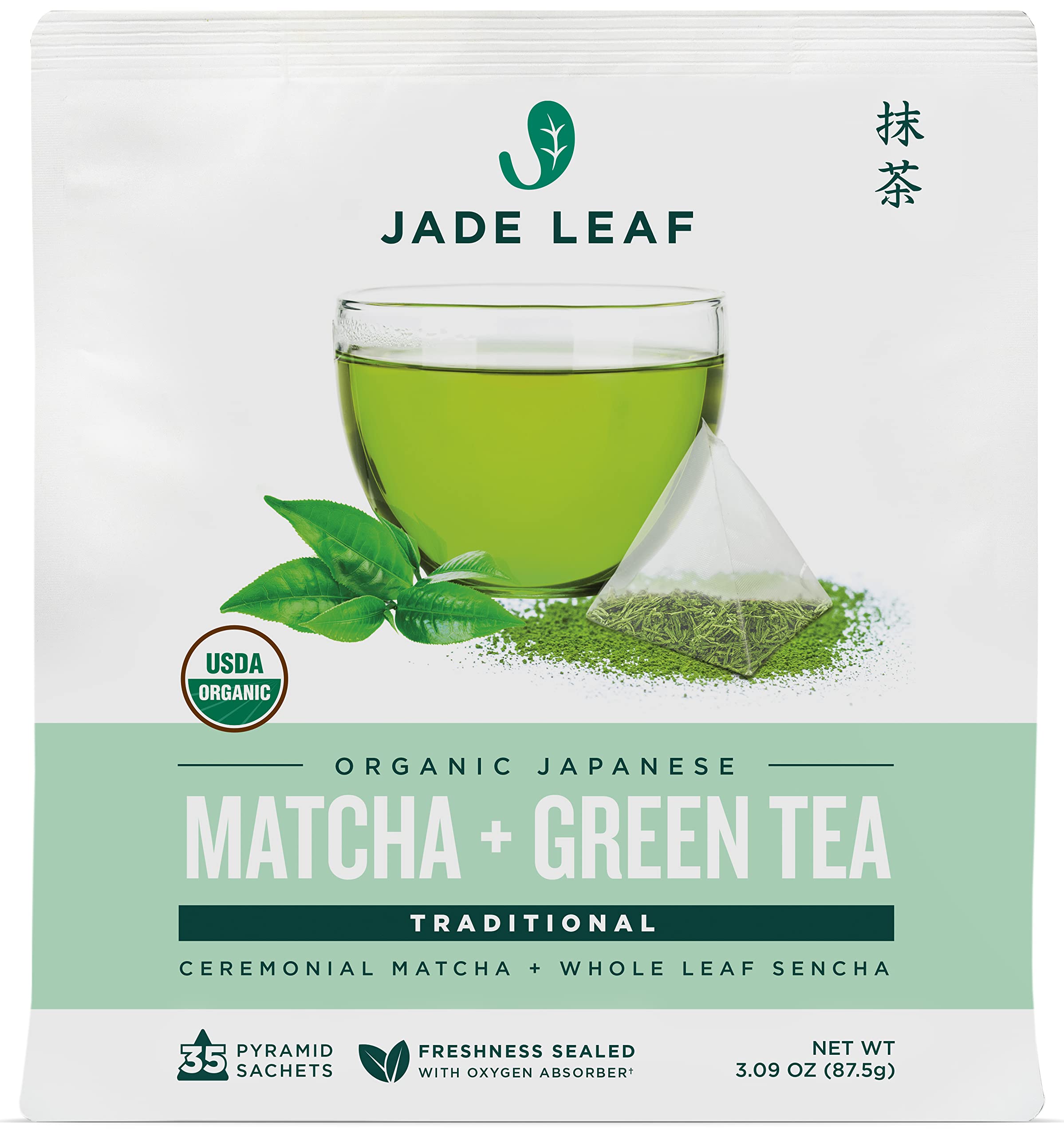 Jade Leaf Matcha Organic Matcha + Green Tea Bags - Traditional - Ceremonial Matcha + Whole Leaf Sencha - Authentically Japanese (35 Pyramid Sachets)