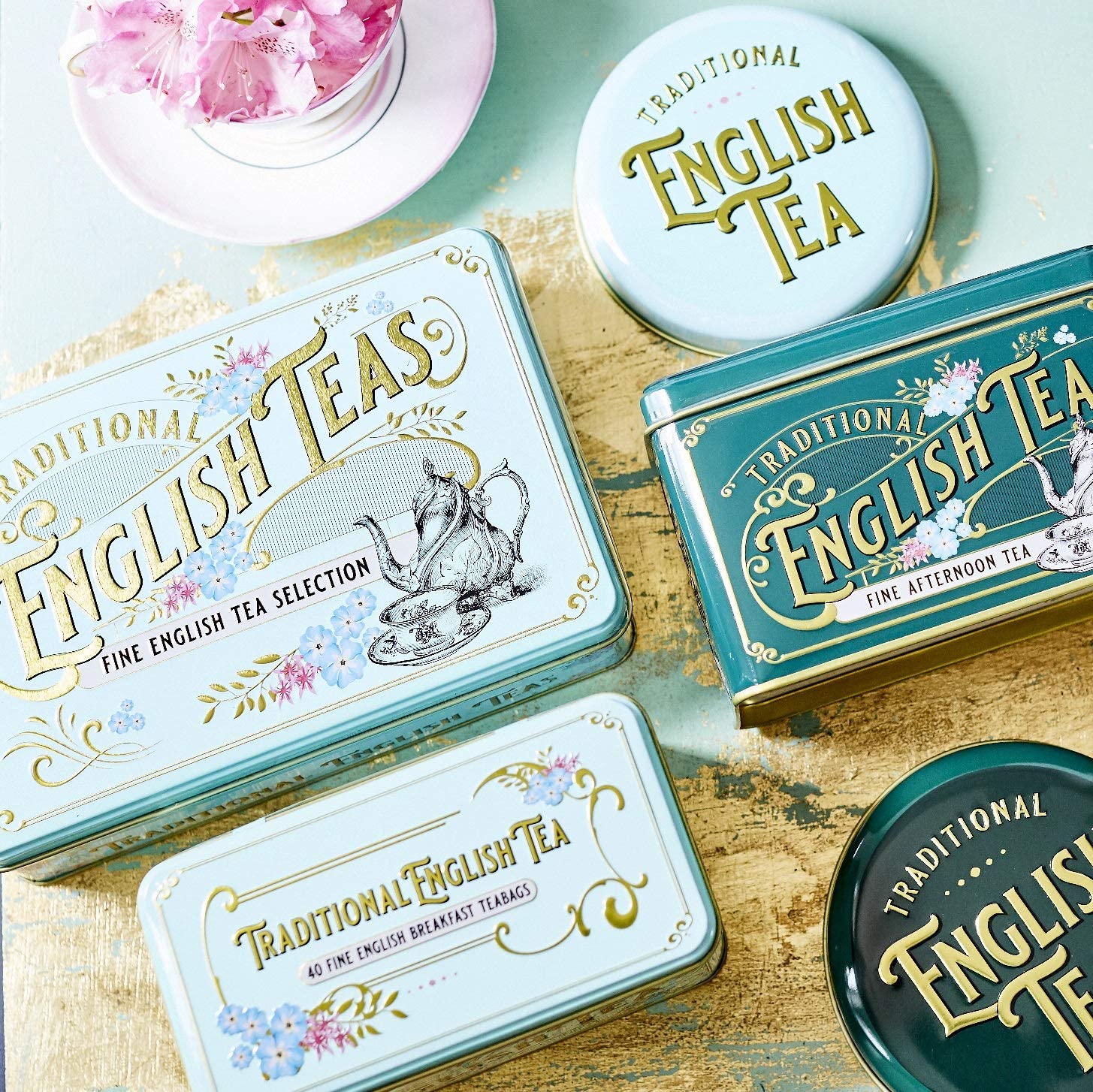 New English Teas Vintage Victorian Tea Gift Tin with 72 Assorted English Teabags for Tea Lovers, Forget Me Not - English Breakfast Tea, Earl Grey