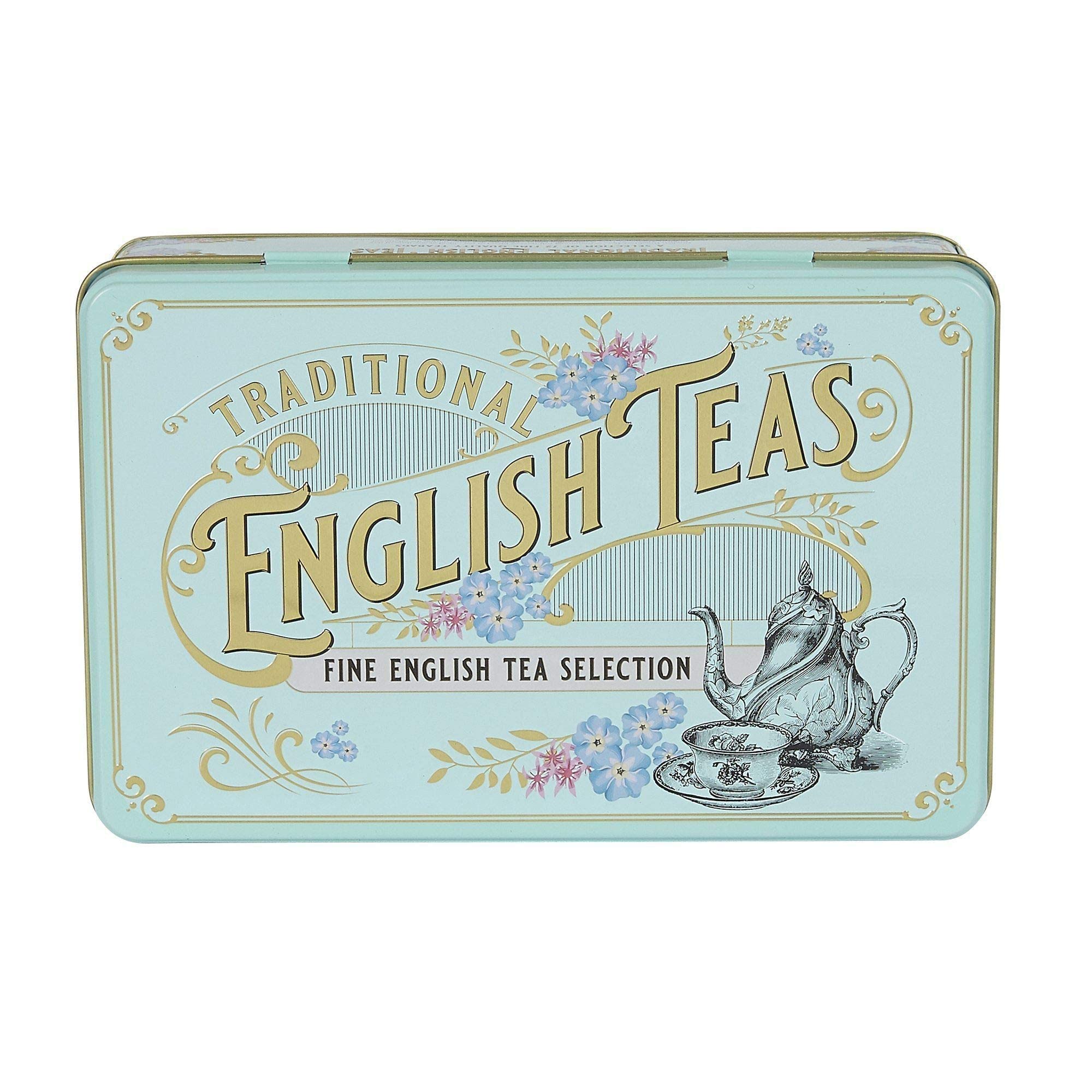 New English Teas Vintage Victorian Tea Gift Tin with 72 Assorted English Teabags for Tea Lovers, Forget Me Not - English Breakfast Tea, Earl Grey