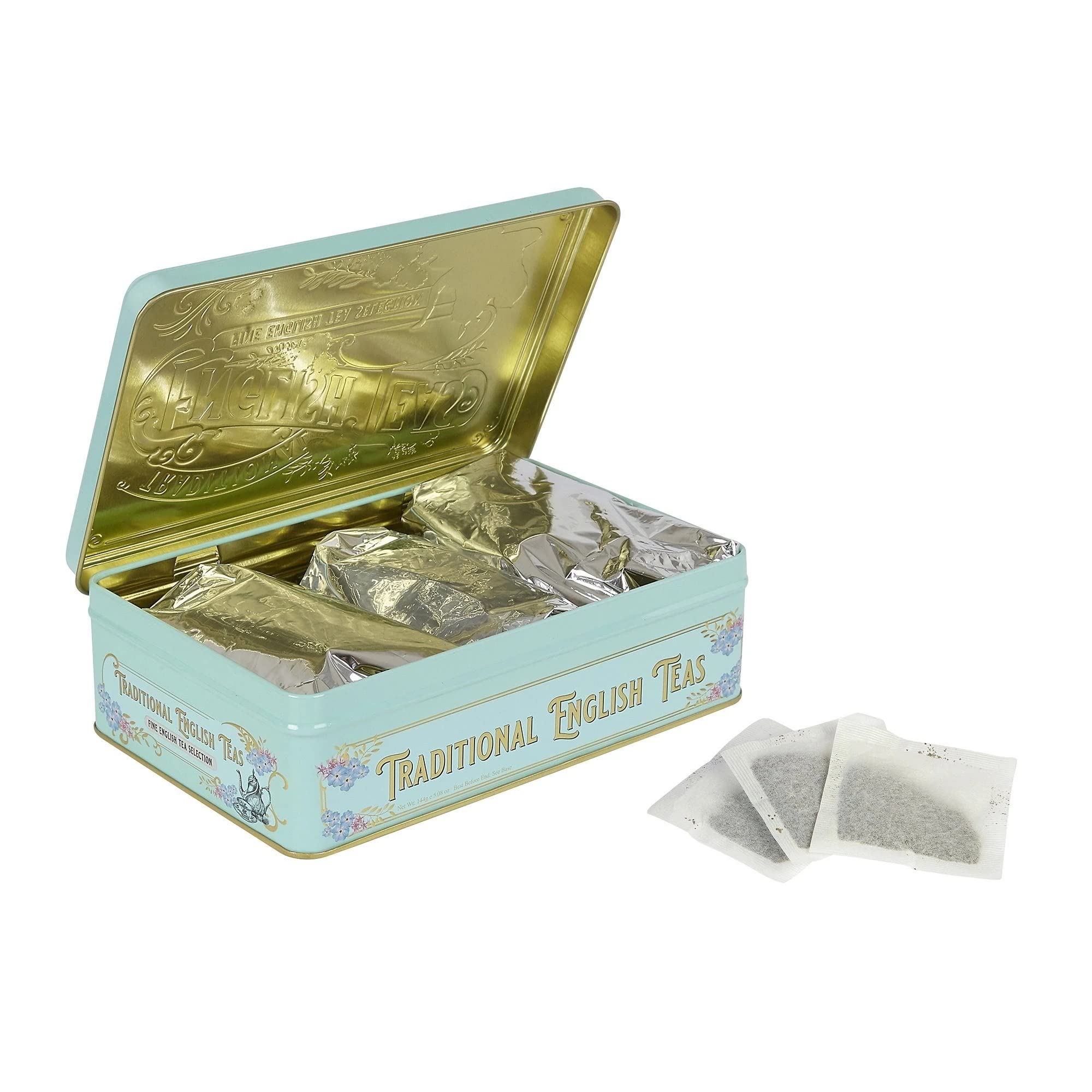 New English Teas Vintage Victorian Tea Gift Tin with 72 Assorted English Teabags for Tea Lovers, Forget Me Not - English Breakfast Tea, Earl Grey