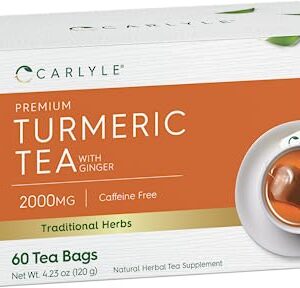 Turmeric Tea with Ginger | 60 Tea Bags | Caffeine Free | Non-GMO & Gluten Free Herbal Tea Supplement | by Carlyle