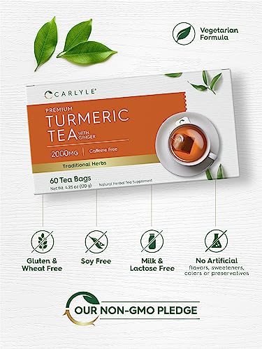 Turmeric Tea with Ginger | 60 Tea Bags | Caffeine Free | Non-GMO & Gluten Free Herbal Tea Supplement | by Carlyle