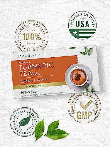 Turmeric Tea with Ginger | 60 Tea Bags | Caffeine Free | Non-GMO & Gluten Free Herbal Tea Supplement | by Carlyle