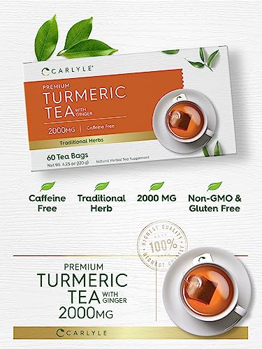 Turmeric Tea with Ginger | 60 Tea Bags | Caffeine Free | Non-GMO & Gluten Free Herbal Tea Supplement | by Carlyle