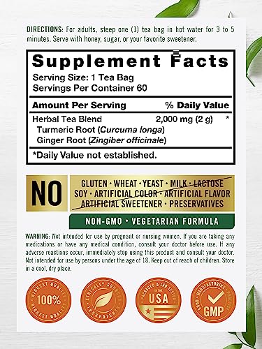 Turmeric Tea with Ginger | 60 Tea Bags | Caffeine Free | Non-GMO & Gluten Free Herbal Tea Supplement | by Carlyle