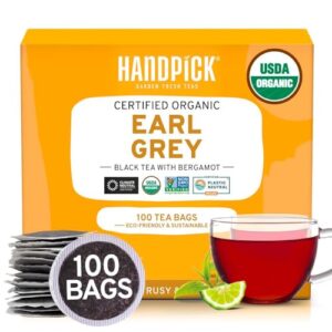 handpick, organic earl grey black tea bags (100 count) pure, usda organic- earl grey tea bags |pure ingredients - bergamot extracts | citrus flavor, brew hot/iced tea with or without milk