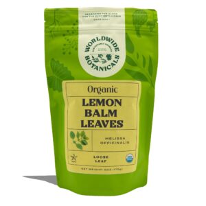 worldwide botanicals organic lemon balm tea - loose leaf premium herbal tea | 100% pure lemon balm leaves | calming tea for stress relief and good digestion | kosher, 6 ounces