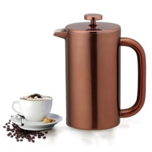 highwin 8-cup double wall insulated stainless steel french coffee press, 32-ounce durable coffee tea maker with stainless steel plunger, copper