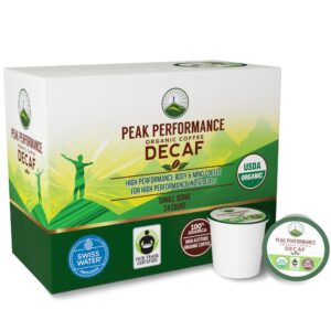 peak performance organic decaf coffee pods - high altitude usda organic decaf coffee. high mental performance coffee. fair trade, low acid beans medium roast single serve decaffeinated. 24 count cups