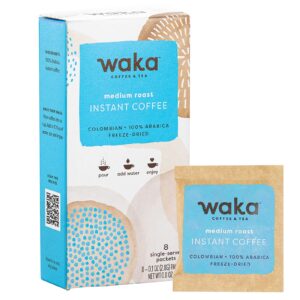 waka premium instant coffee medium roast, 8 single serve packets in a recyclable box, 100% arabica beans, freeze dried granules, for hot or iced coffee