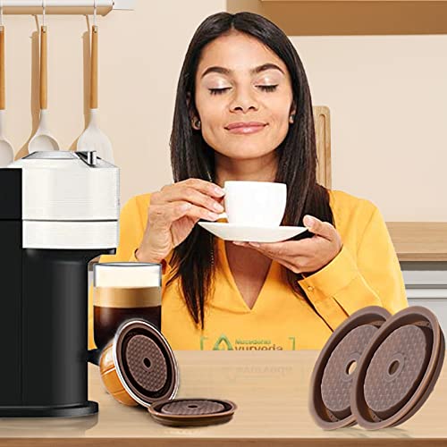 Reusable Coffee Capsule Lids for Original Nespresso Vertuoline Pods, Food Grade Silicone Caps for Refillable Nespresso Vertuo Pods with Scoop and Brush, 4 PCS(Brown)