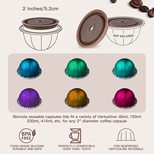 Reusable Coffee Capsule Lids for Original Nespresso Vertuoline Pods, Food Grade Silicone Caps for Refillable Nespresso Vertuo Pods with Scoop and Brush, 4 PCS(Brown)