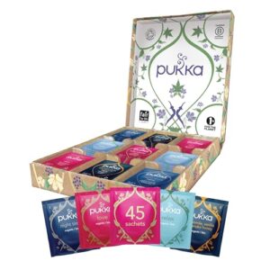 pukka tea gift box, herbal health wellness tea, relax selection organic tea, 45 tea bags, 5 flavors