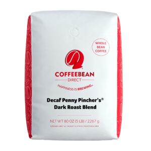 coffee bean direct decaf penny pincher's dark roast blend, whole bean coffee, 5-pound bag
