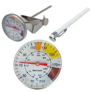 milk frothing thermometer for coffee chocolate - cappuccino frothy milk foam stainless steel thermometer for 12 oz, 20 oz and 32 oz espresso steaming pitchers 2" dail 5" stem