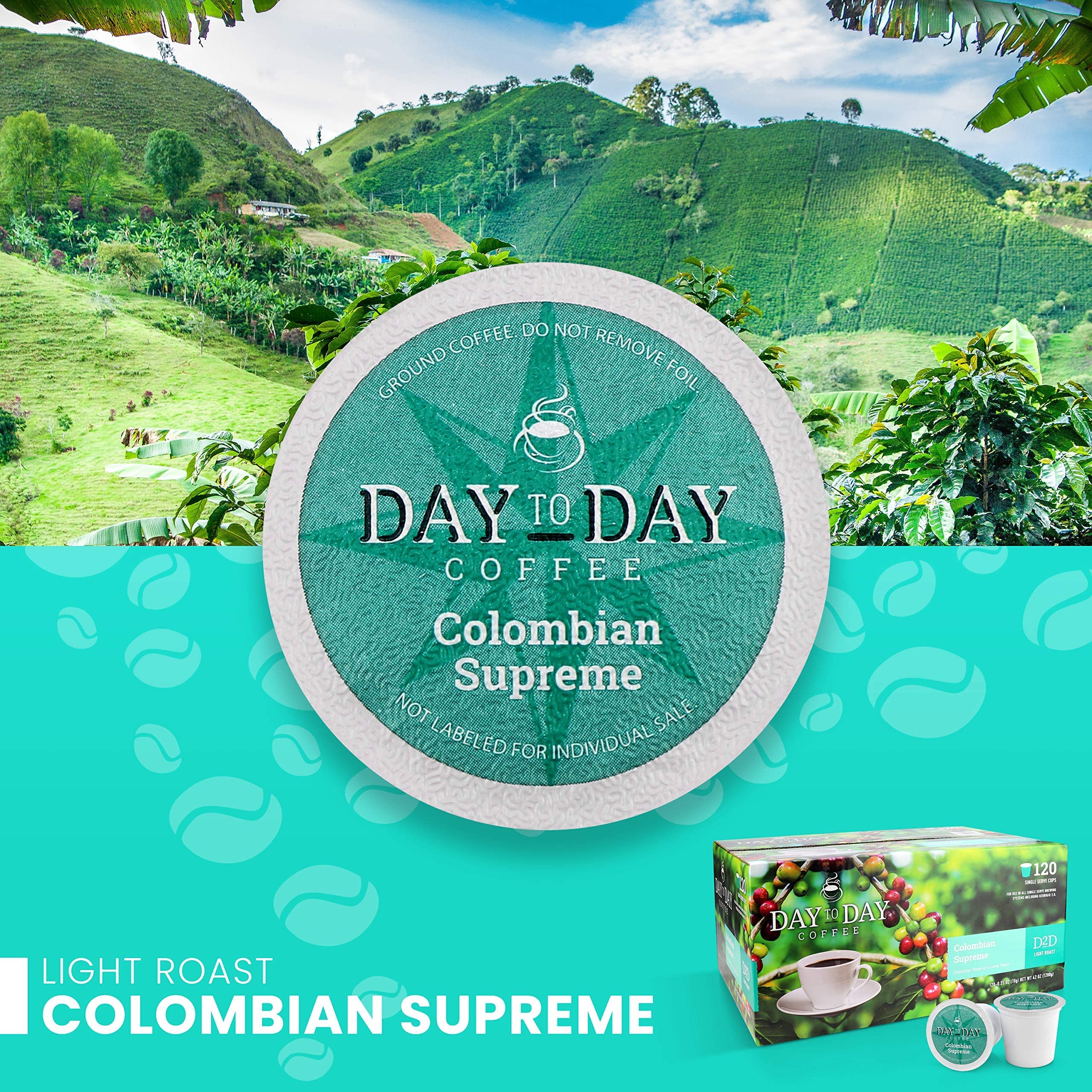 Day To Day 120-Count Colombian Supreme, Light Roast Single Serve Coffee Pods for K Cups Keurig Brewers (Colombian Supreme, 120 Count (Pack of 1))