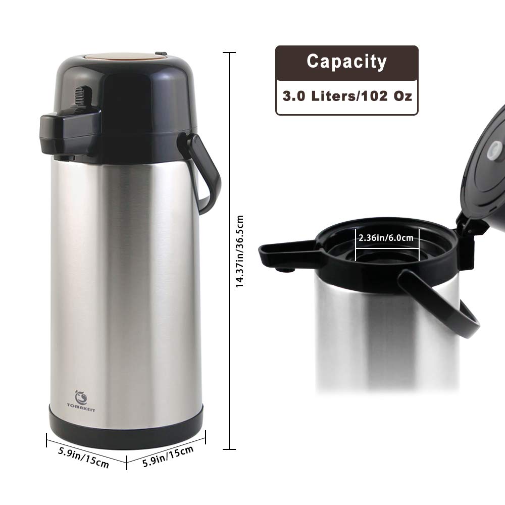 Airpot Coffee Carafe - TOMAKEIT 3L(102 Oz) Airpot Beverage Dispenser Insulated Stainless Steel Large Coffee Thermal - Pump Action Airpot for Hot/Cold Water