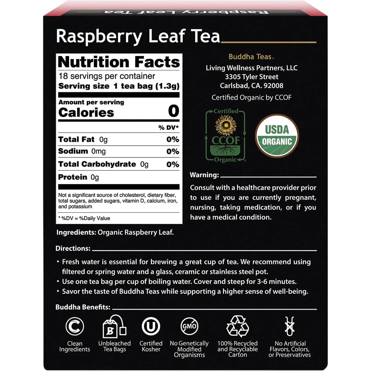 Buddha Teas Organic Raspberry Leaf Tea - OU Kosher, USDA Organic, CCOF Organic, 18 Bleach-Free Tea Bags