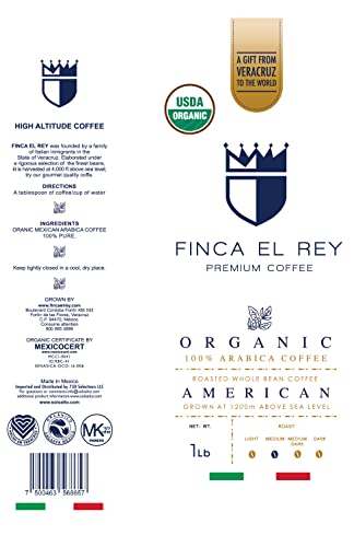 Finca El Rey, Organic Coffee Beans Whole, Veracruz Mexico Single Origin, Coffee Whole Beans, Whole Bean Coffee Medium Roast Coffee, Coffee Organic, Expresso Beans, Certified USDA Organic, 1LB Bag