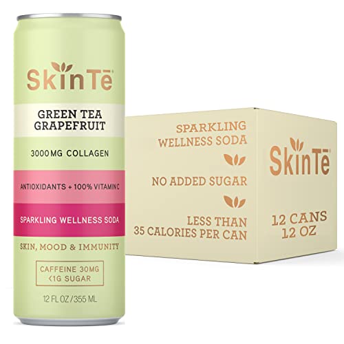 SKINTE Collagen Sparkling Tea Organic Green Tea with Grapefruit | 12 oz (Pack of 12) | Antioxidants and Vitamin C | 3000mg Collagen Peptides | Benefits Skin, Mood and Immunity | Zero Added Sugar