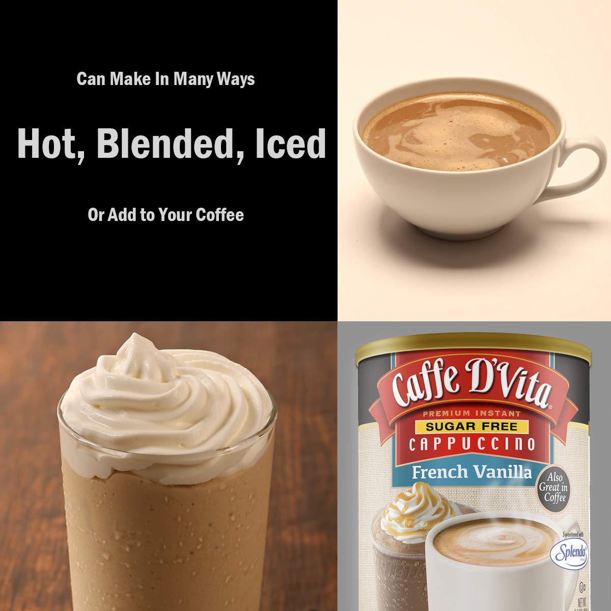 Caffe D'Vita Sugar Free French Vanilla Cappuccino Mix - Instant Cappuccino Mix, Gluten Free, No Cholesterol, No Hydrogenated Oils, 99% Caffeine Free, Sugar Free Cappuccino Mix - 8.5 Oz Can