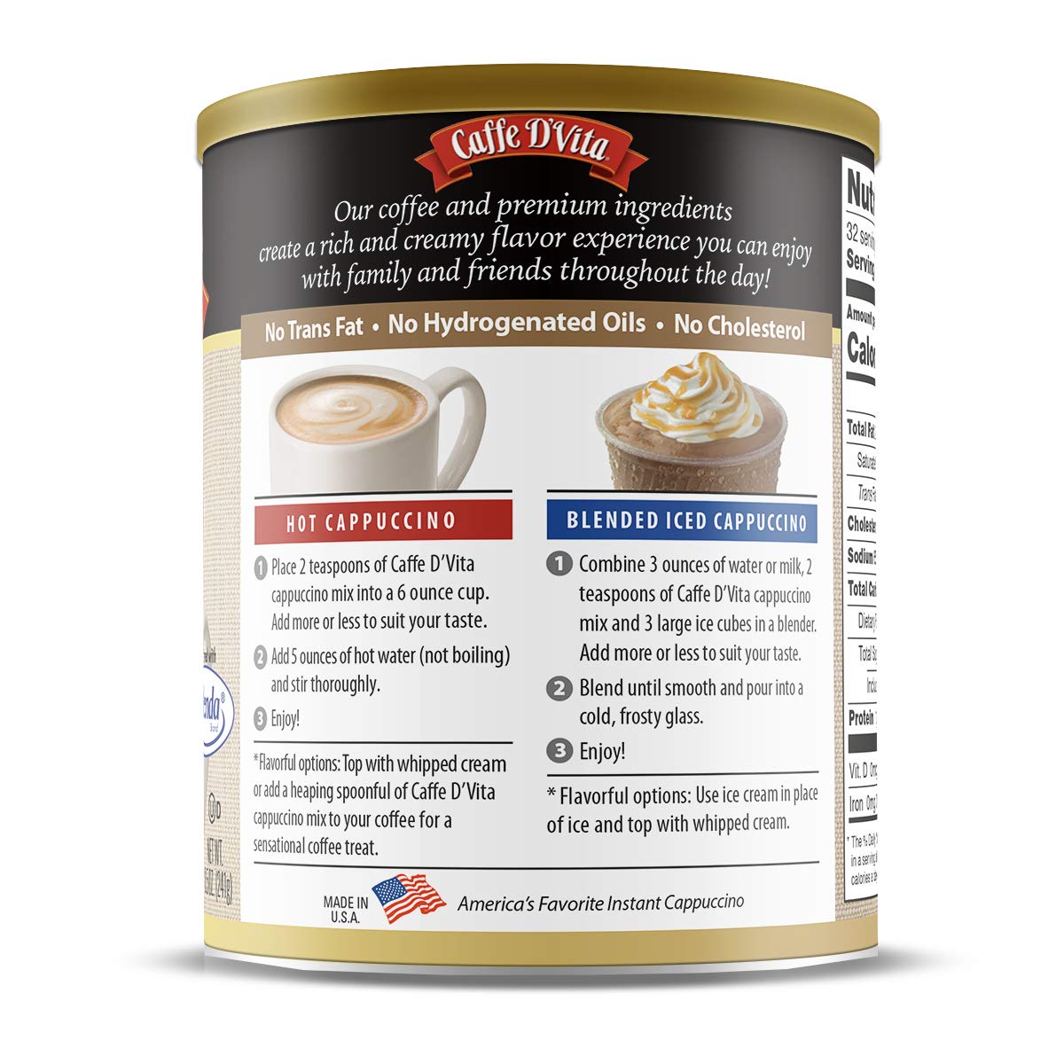 Caffe D'Vita Sugar Free French Vanilla Cappuccino Mix - Instant Cappuccino Mix, Gluten Free, No Cholesterol, No Hydrogenated Oils, 99% Caffeine Free, Sugar Free Cappuccino Mix - 8.5 Oz Can