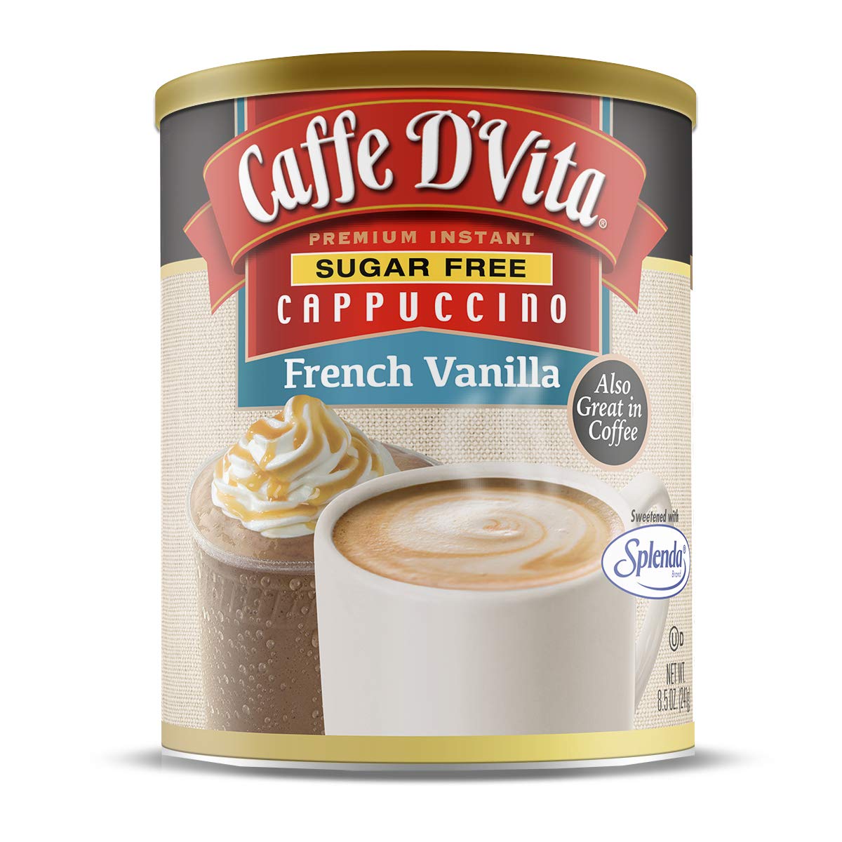 Caffe D'Vita Sugar Free French Vanilla Cappuccino Mix - Instant Cappuccino Mix, Gluten Free, No Cholesterol, No Hydrogenated Oils, 99% Caffeine Free, Sugar Free Cappuccino Mix - 8.5 Oz Can