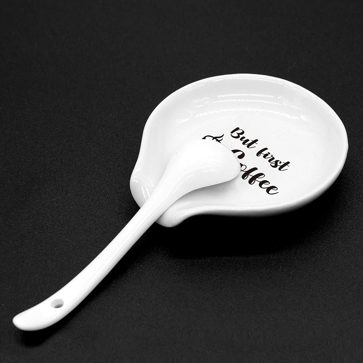 Littlefa Funny Coffee Quote But First Coffee Black Sign Ceramic Coffee Spoon Holder-Coffee Spoon Rest -Coffee Station Decor Coffee Bar Accessories-Coffee Lovers Gift for Women and Men