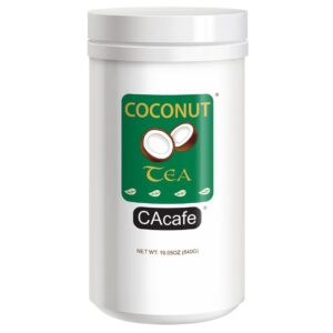 cacafe coconut tea, coconut infused green tea, creamy drink mix, make iced or hot, packed with antioxidants, natural energy and stress relief 19.05oz