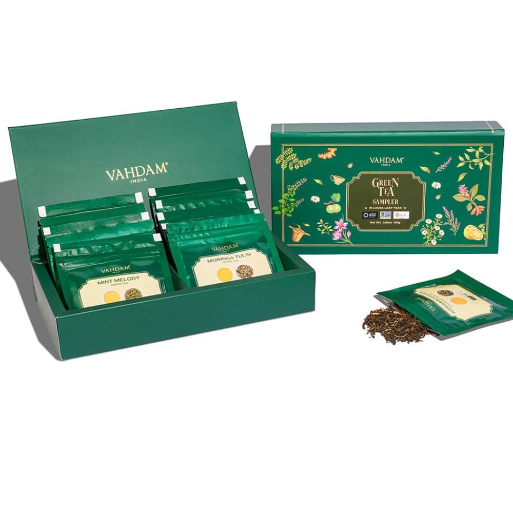 VAHDAM, Assorted Green Tea Sampler Gift Set (10 Teas, 50 Serving) Gluten Free, Non GMO | 10 Exotic Loose Leaf Tea Sampler | Green Tea Variety Pack, Gifts For Him/Her | Gifts for Women & Men