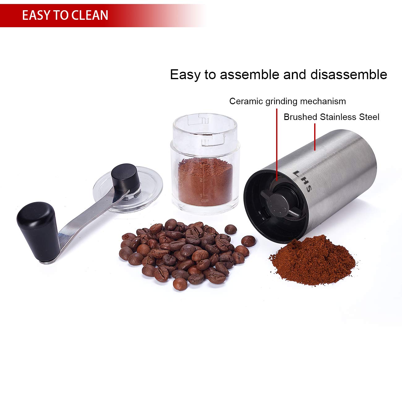 LHS Manual Coffee Grinder with Ceramic Burrs, Hand Coffee Bean Grinder with 2 Containers Adjustable Coarseness for Home, Office and Travelling