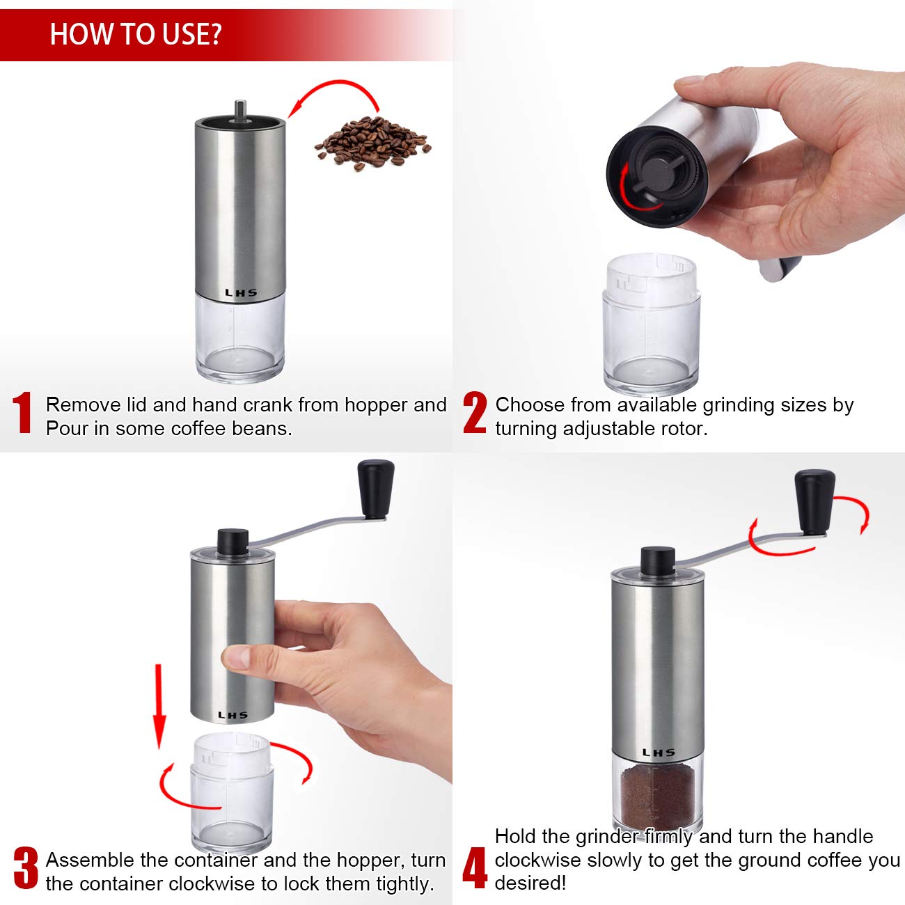 LHS Manual Coffee Grinder with Ceramic Burrs, Hand Coffee Bean Grinder with 2 Containers Adjustable Coarseness for Home, Office and Travelling