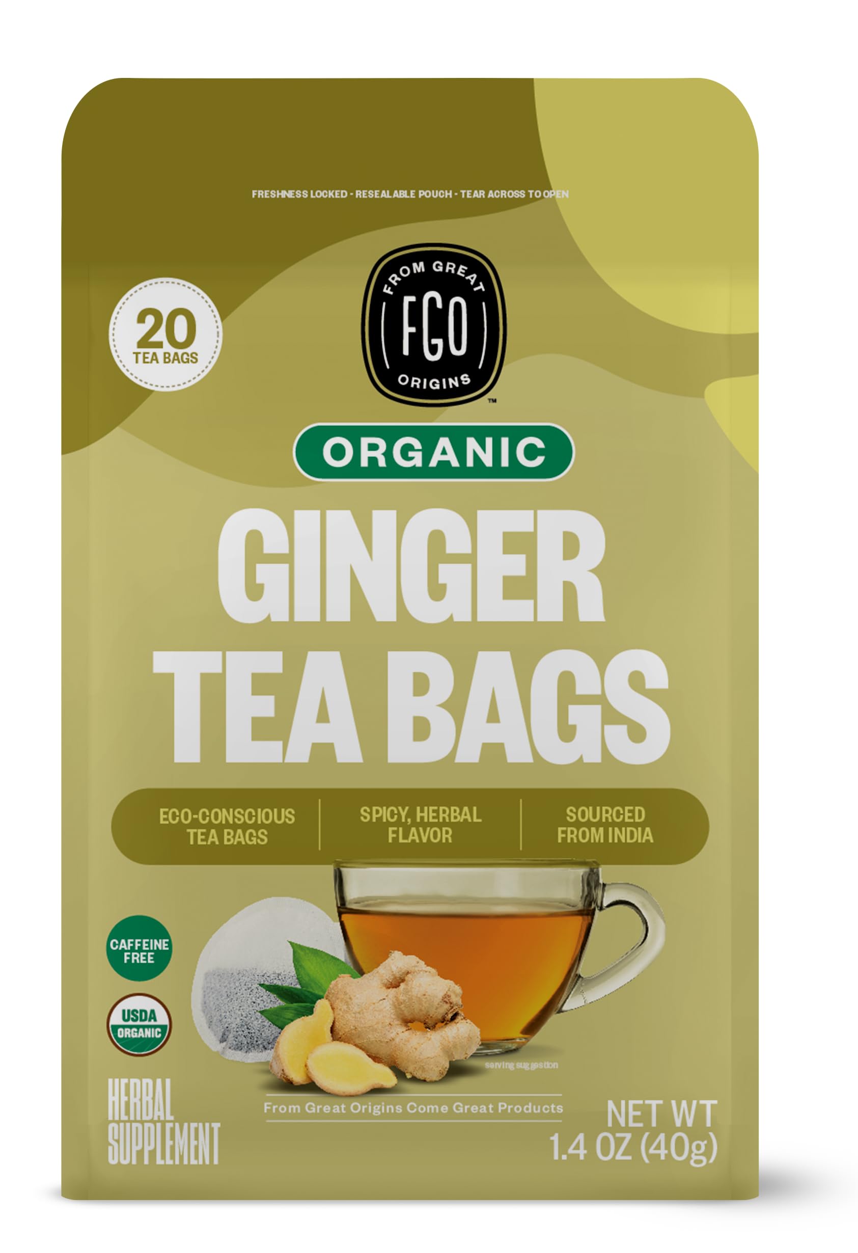 FGO Organic Ginger Tea, Eco-Conscious Tea Bags, 20 Count, Packaging May Vary (Pack of 1)