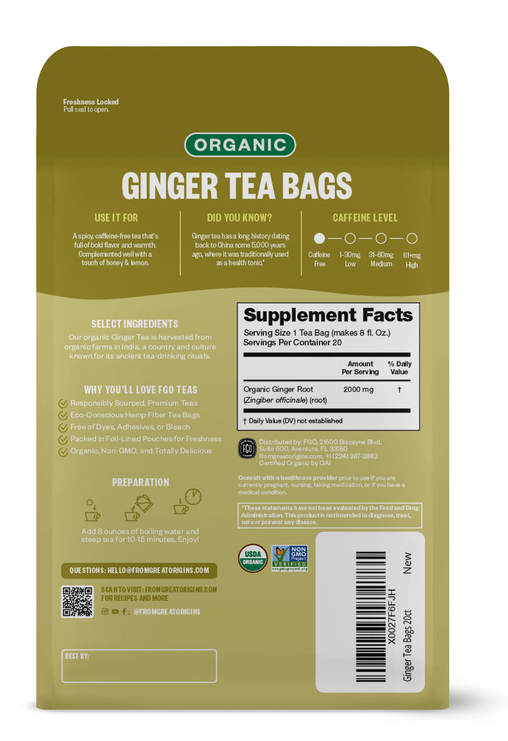 FGO Organic Ginger Tea, Eco-Conscious Tea Bags, 20 Count, Packaging May Vary (Pack of 1)