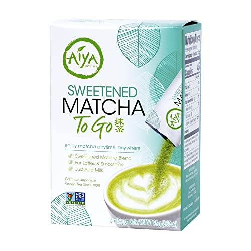 Aiya Japanese Sweetened Matcha To Go Sticks - Ceremonial Grade Matcha Powder - Vegan-Friendly, Gluten-Free - 96g (3.39 oz), Pack of 8