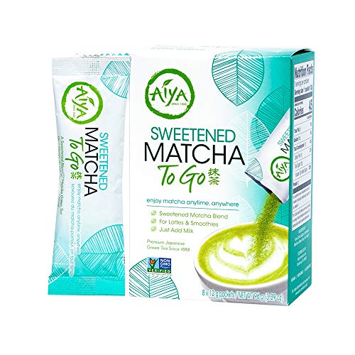 Aiya Japanese Sweetened Matcha To Go Sticks - Ceremonial Grade Matcha Powder - Vegan-Friendly, Gluten-Free - 96g (3.39 oz), Pack of 8