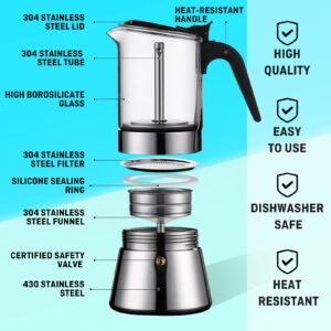 SIXAQUAE Moka Induction Stovetop Espresso Maker,Crystal Glass-top & Stainless Steel Espresso Moka Pot,Classic Italian coffee maker,240ml(6cup)