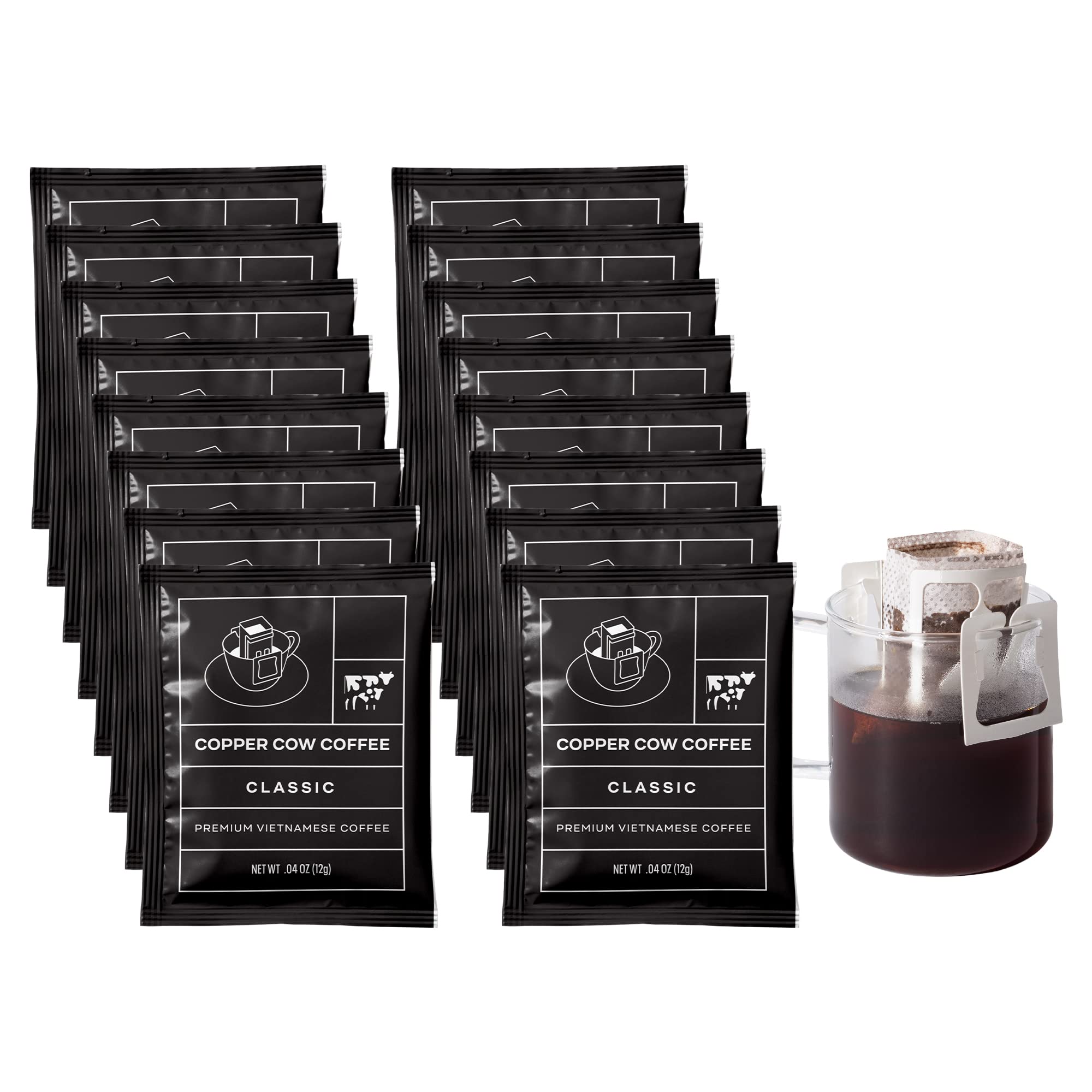 Copper Cow Coffee Premium Vietnamese Coffee: Single-Serve Classic Black Pour Over Coffees, Specialty, Ground, Woman-Owned, Gourmet, Travel, Camping, On-the-Go (includes: 16 classic coffees)