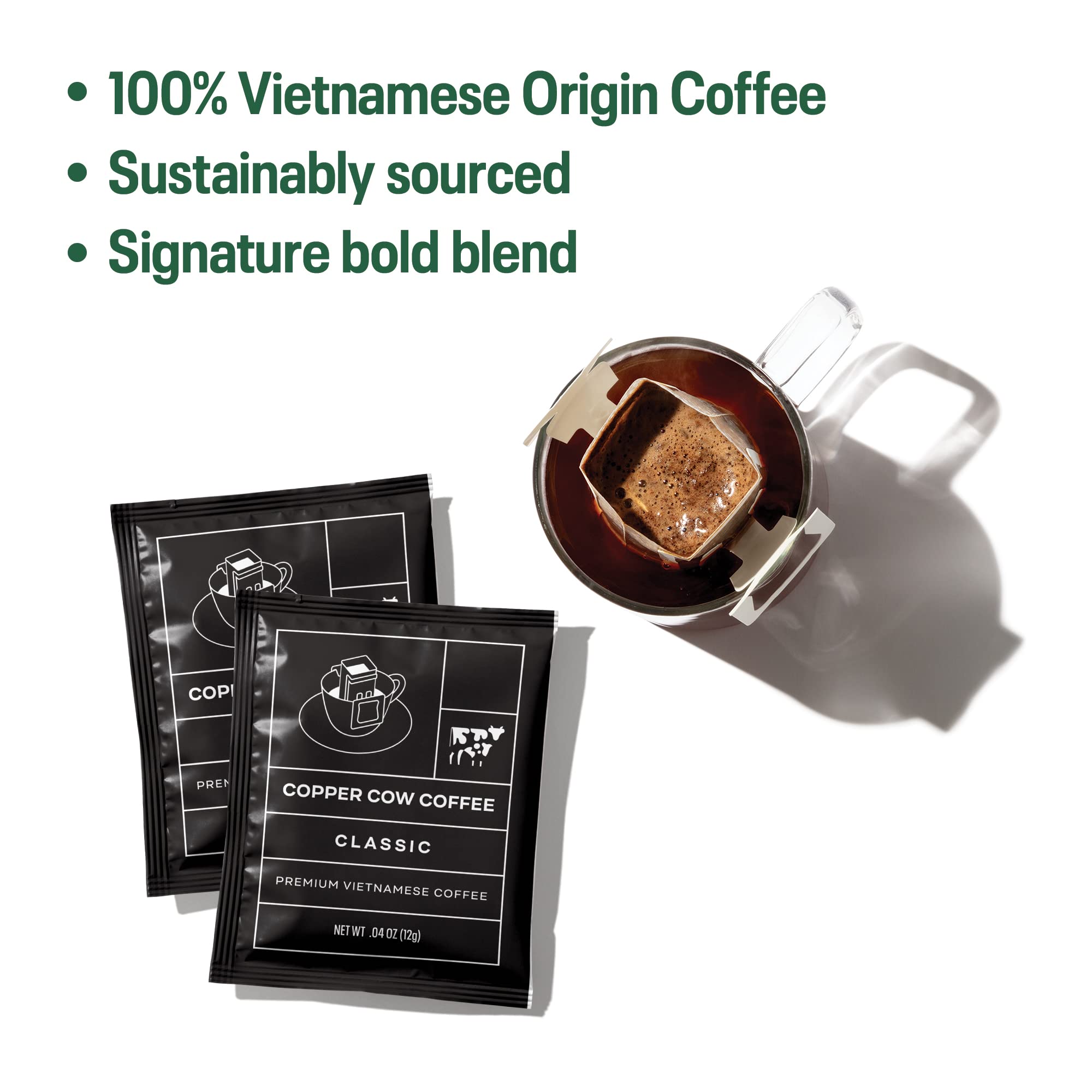 Copper Cow Coffee Premium Vietnamese Coffee: Single-Serve Classic Black Pour Over Coffees, Specialty, Ground, Woman-Owned, Gourmet, Travel, Camping, On-the-Go (includes: 16 classic coffees)