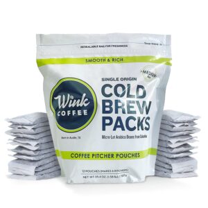 wink coffee cold brew pitcher packs, coarse ground 100% arabica coffee beans, single origin colombian andes, 12 count, makes 42 cups or 6 large pitchers, smooth, bold & sweet