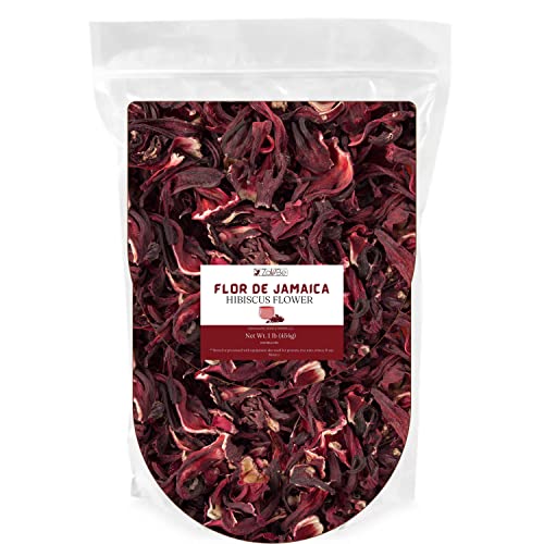 ZAVBE Hibiscus Tea 1lbs Dried Hibiscus Flower Perfect for Hibiscus Tea loose leaf, Flor de Jamaica, Cut and Sifted Packaged in Resealable Bag Hot & Iced Tea, Whole Flowers and Petals. (16, Ounces)