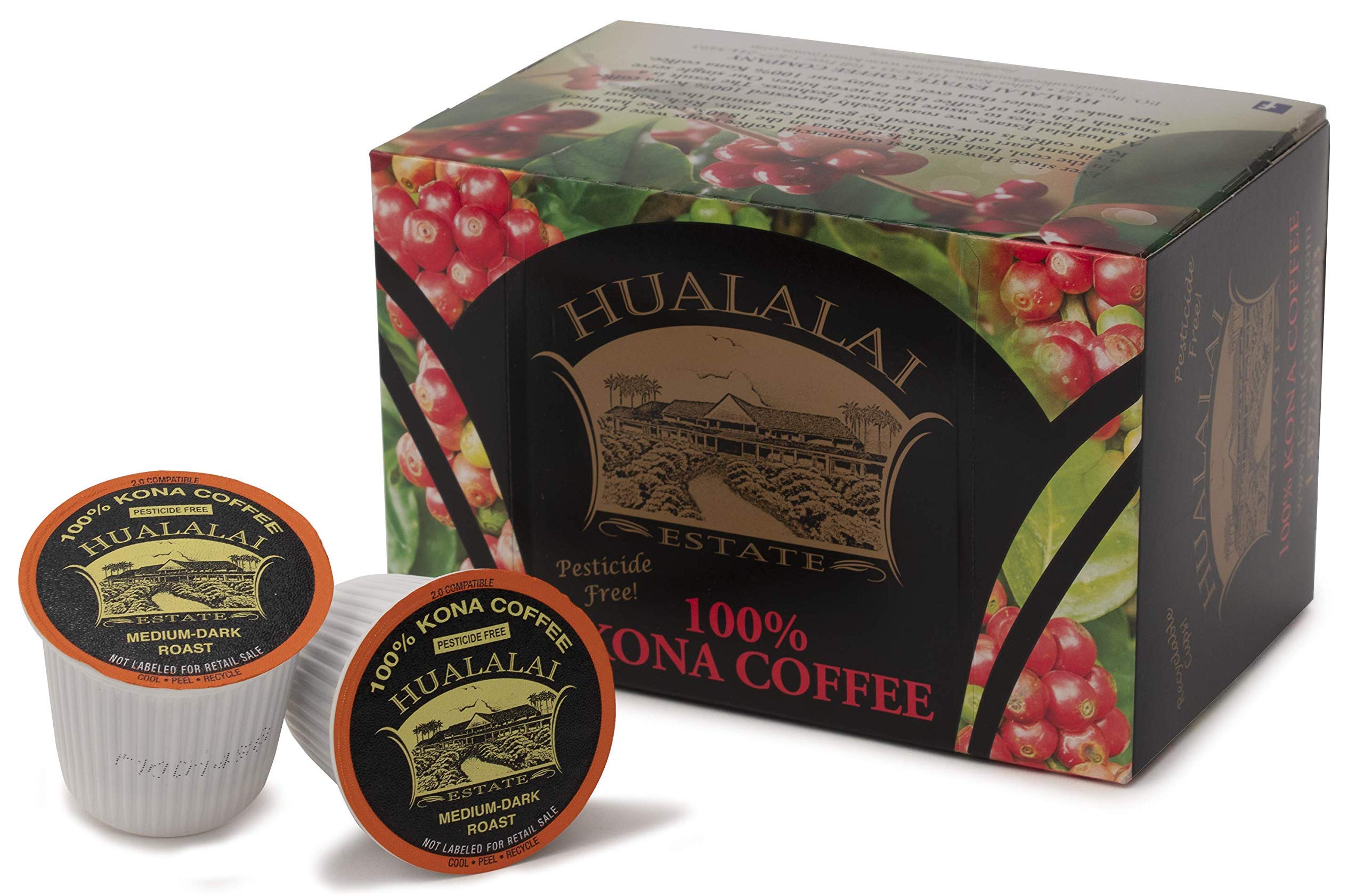 100% Kona Coffee - Medium Dark Roast Single Serve Cups by Hualalai Estate - 12 count - Premium Ground Kona Coffee